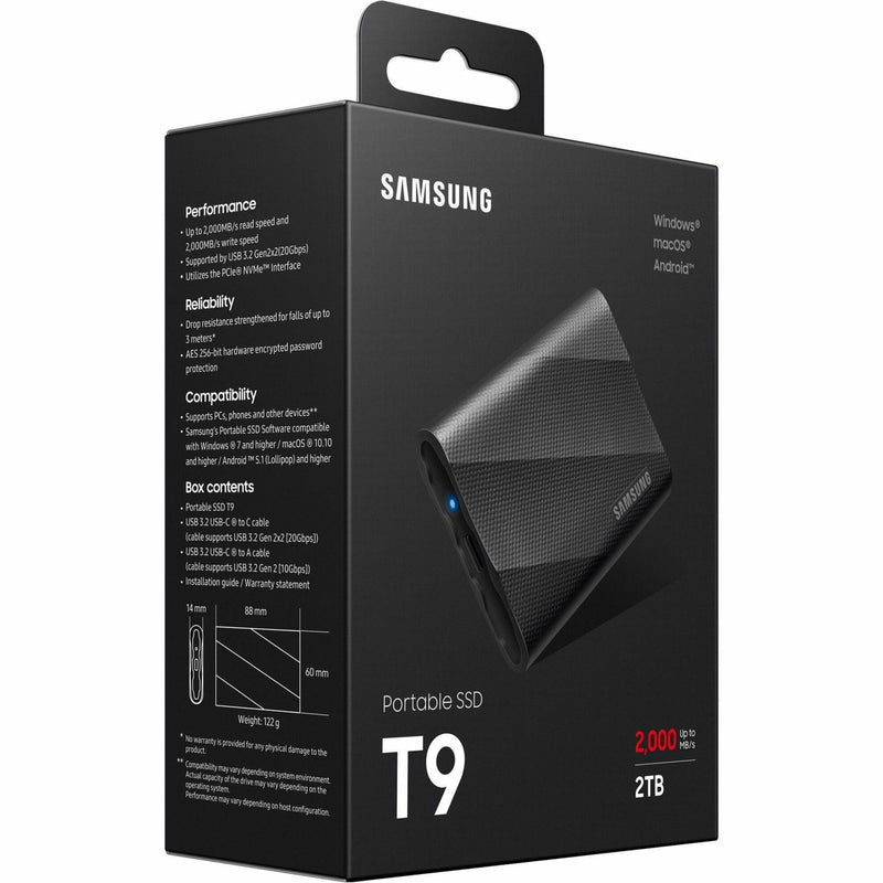 Samsung T9 SSD retail box showing detailed specifications