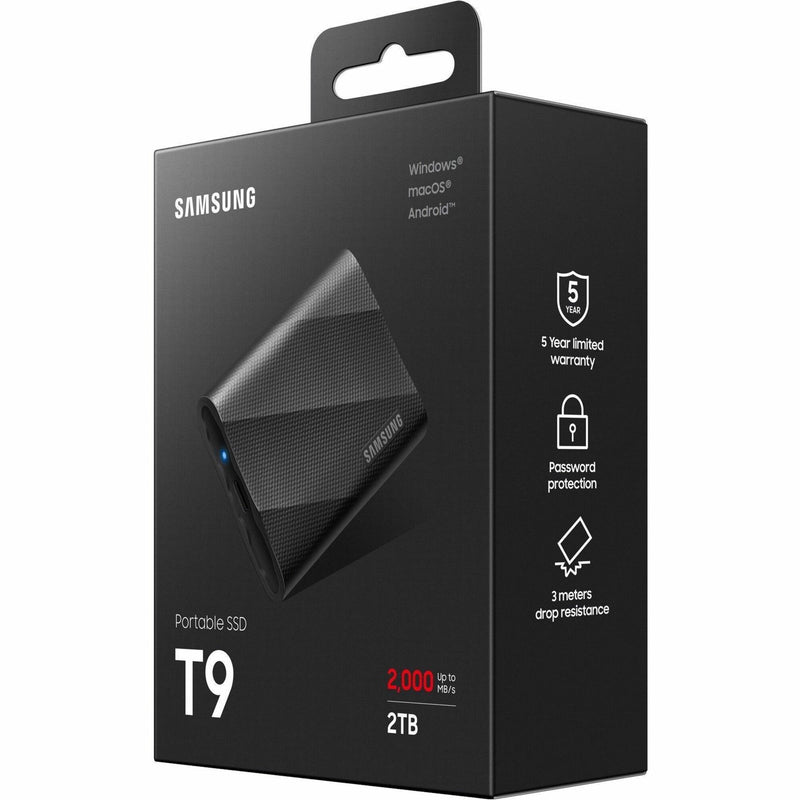 Samsung T9 SSD retail box showing protection features