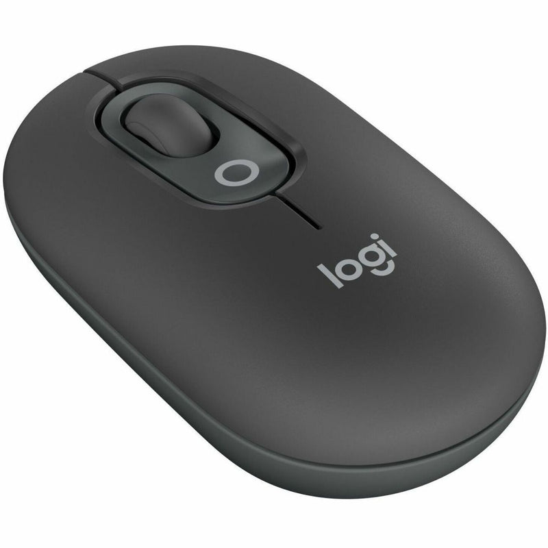 Angled view of Logitech POP Mouse highlighting ergonomic design and contoured shape