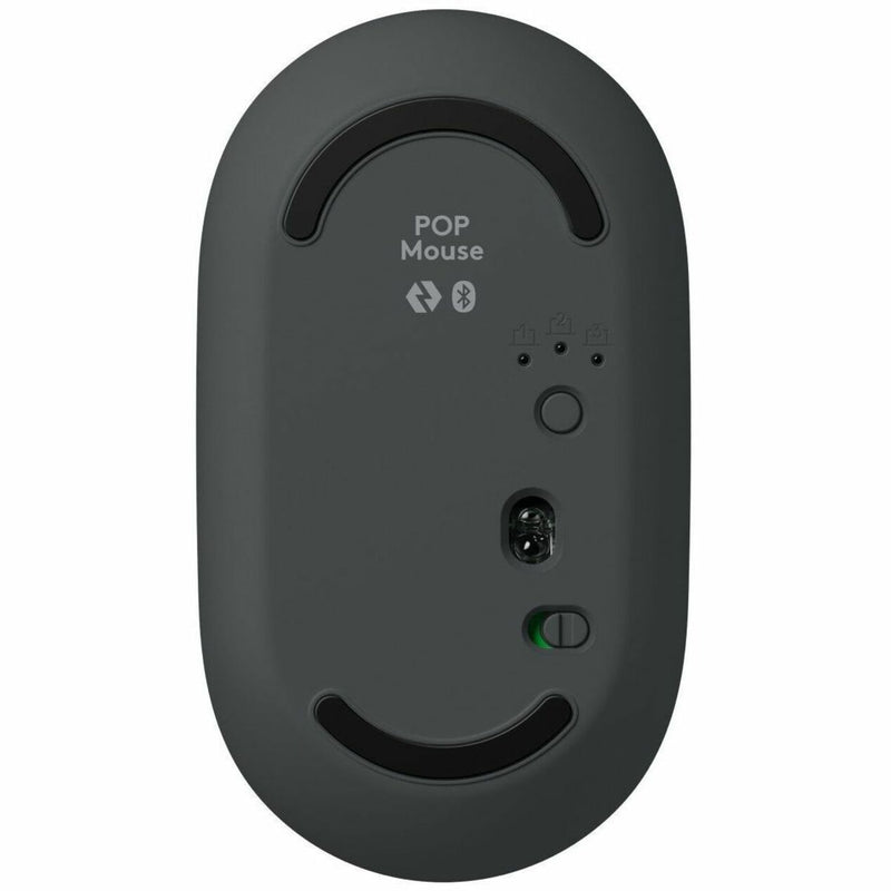 Bottom view of Logitech POP Mouse showing sensor and device switching controls