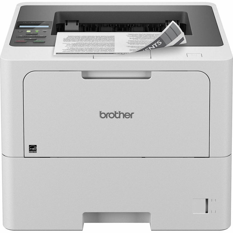 Front view of Brother HL-L6210DW printer with paper in output tray