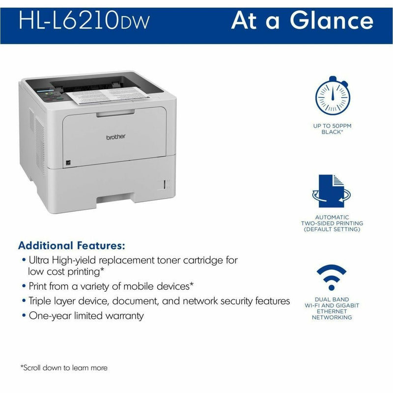 Specification overview of Brother HL-L6210DW with icons