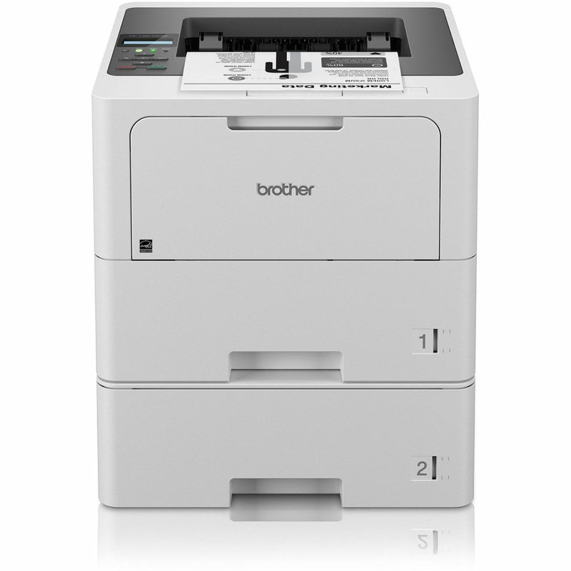 Front view of Brother HL-L6210DWT printer showing dual paper trays and compact design