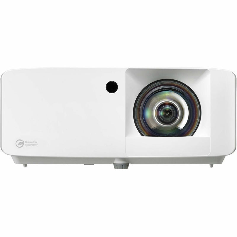 Side angle view of Optoma ZK430ST projector emphasizing its compact design and short throw lens