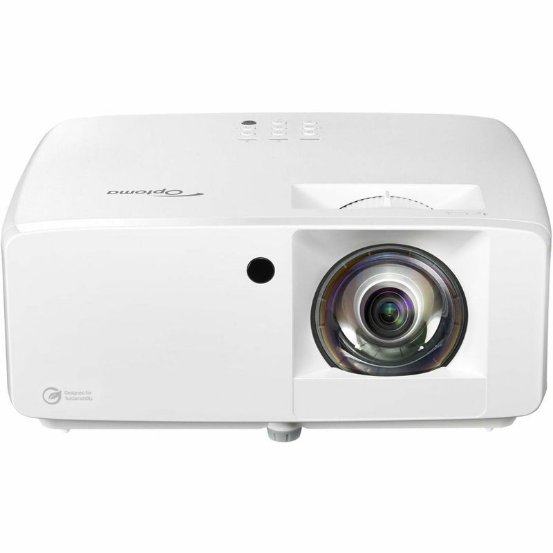 Front view of Optoma ZK430ST 4K UHD laser projector in white showing short throw lens and ventilation system