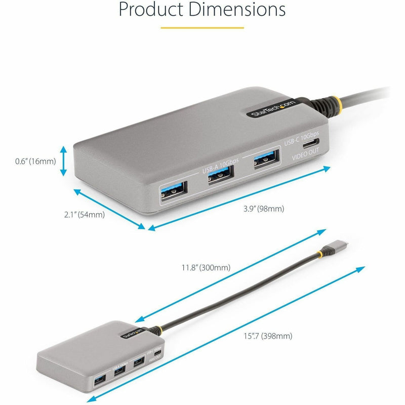 Product dimensions diagram showing the compact size of the USB-C hub