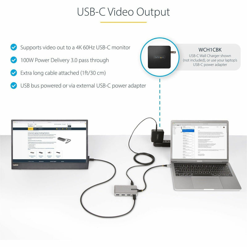 Diagram showing USB-C hub connectivity options with 4K display support and power delivery features