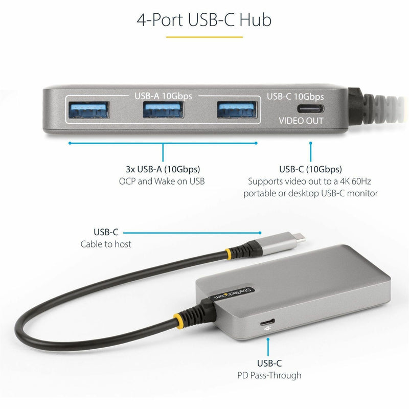 Detailed view of USB-C hub ports with labels showing USB-A and USB-C connections