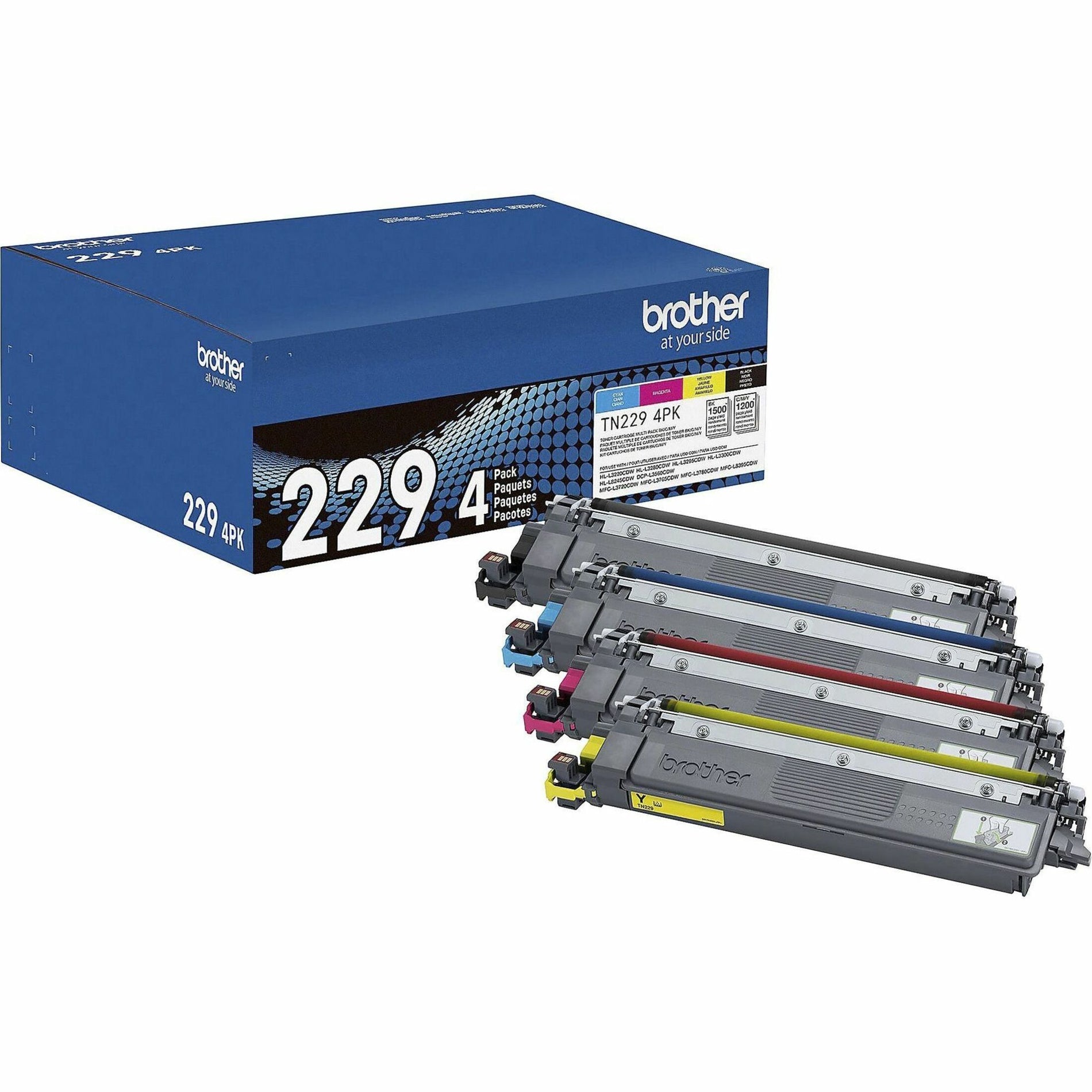 Brother TN2294PK toner cartridge 4-pack showing all four color cartridges arranged in a row with product packaging-alternate-image1