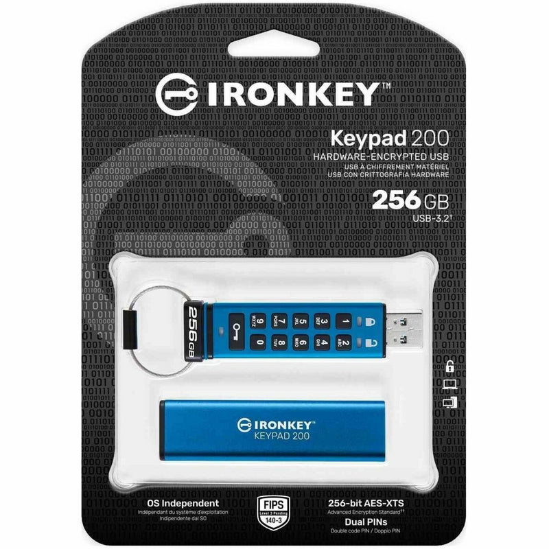 IronKey Keypad 200 retail packaging showing security certifications and features