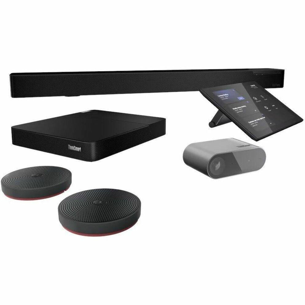 Complete Lenovo ThinkSmart Core conference room solution showing processor, controller, microphones, and camera bar-alternate-image2