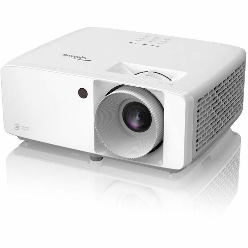 Front angled view of white Optoma ZH462 laser projector showing lens and ventilation design