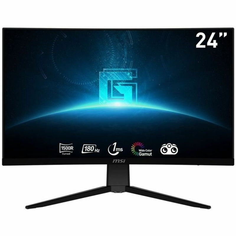 Front view of MSI G2422C monitor displaying technical specifications including 180Hz refresh rate and 1ms response time