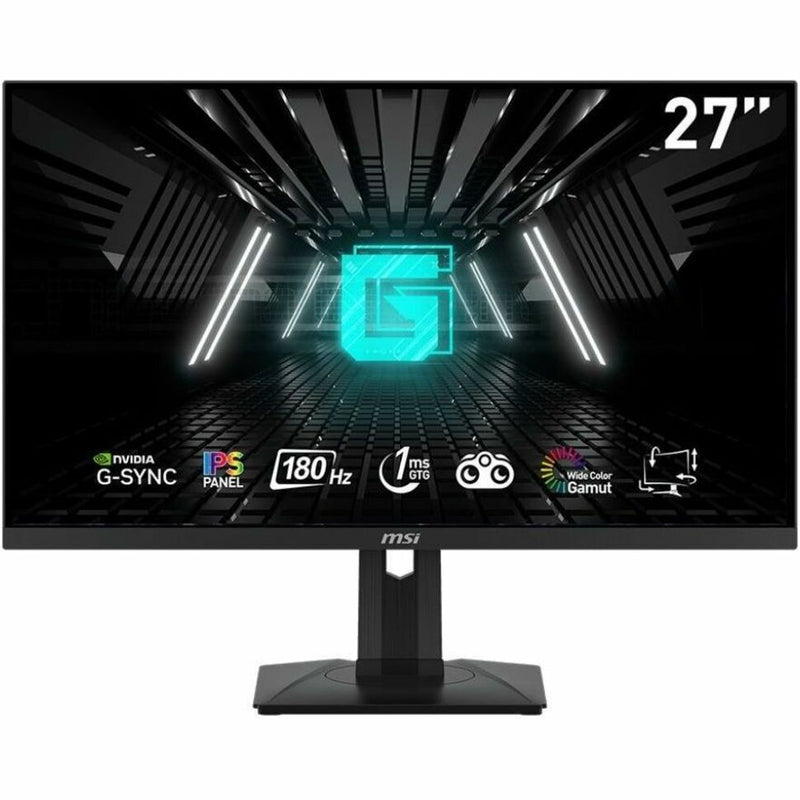 Front view of MSI G274PF monitor displaying technical specifications and gaming features including G-SYNC and 180Hz refresh rate