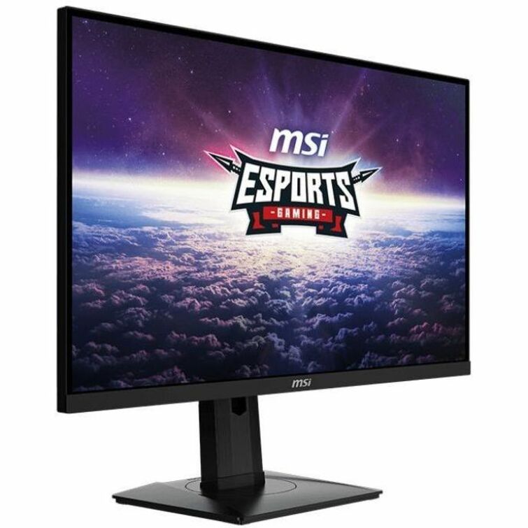 MSI G274PF gaming monitor displaying MSI Esports Gaming logo against a cosmic sky background with clouds