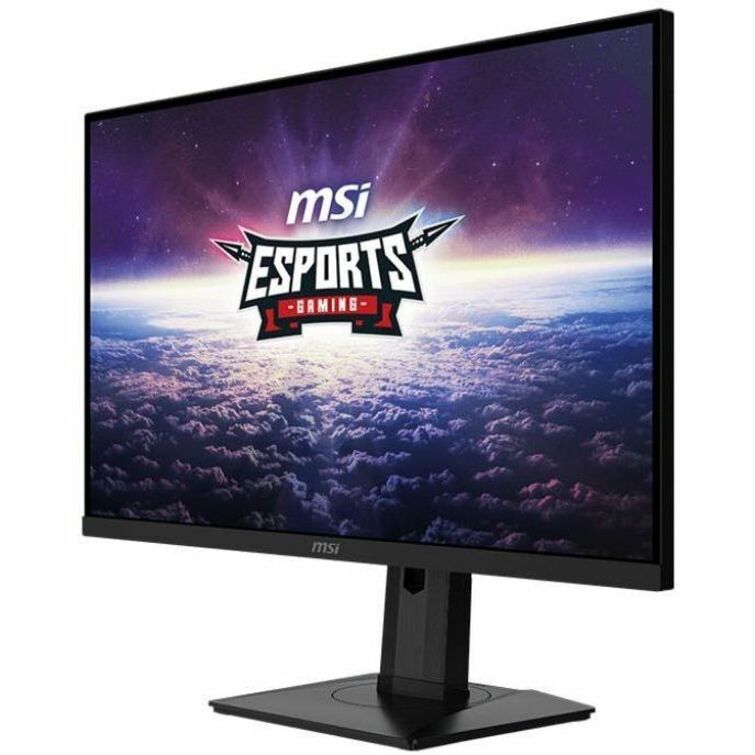 Angled view of MSI G274PF monitor showing slim bezels and stable stand design