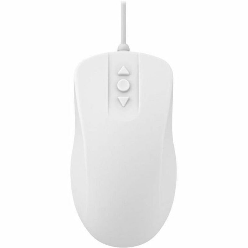 Top view of white medical mouse showing three-button scroll system and sealed surface design