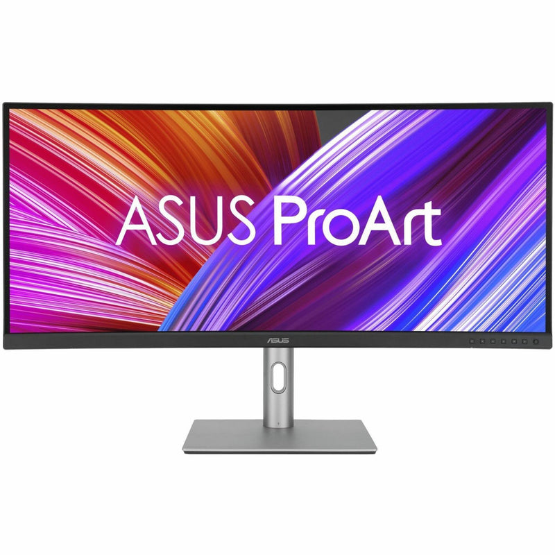 ASUS ProArt monitor displaying dynamic red and blue color gradient pattern