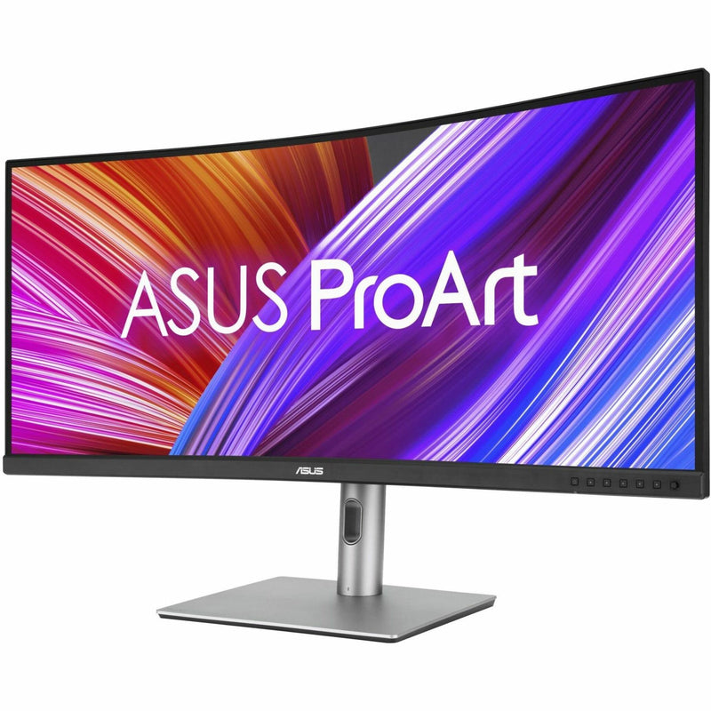 Front view of ASUS ProArt PA34VCNV curved monitor displaying vibrant red and blue gradient pattern