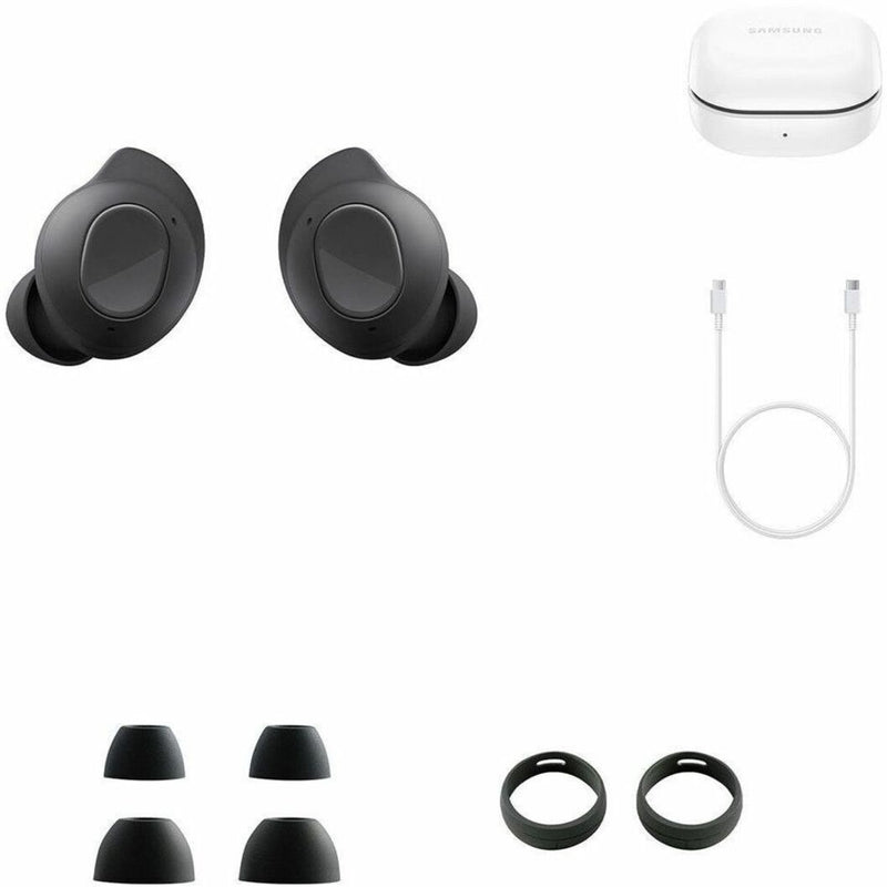 Samsung Galaxy Buds FE complete package showing earbuds, charging case, various sized tips, and USB-C cable