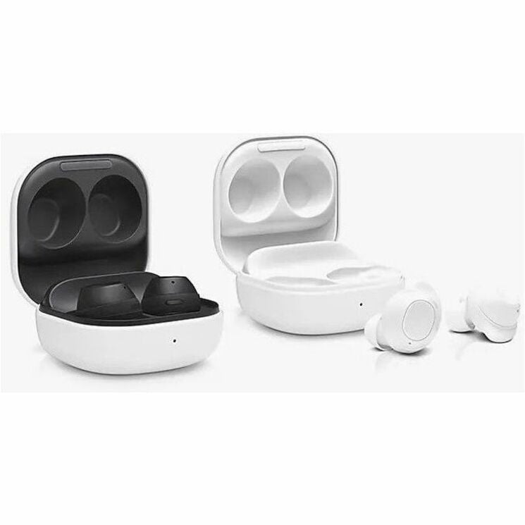 Samsung Galaxy Buds FE showing both graphite and white color options with charging cases