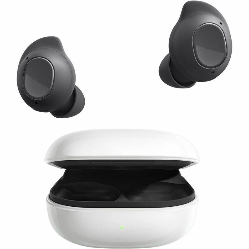 Samsung Galaxy Buds FE in graphite color with white charging case showing earbuds and case design