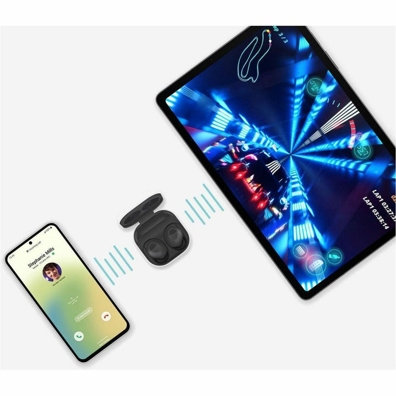 Samsung Galaxy Buds FE shown connecting between smartphone and tablet with wireless indicators