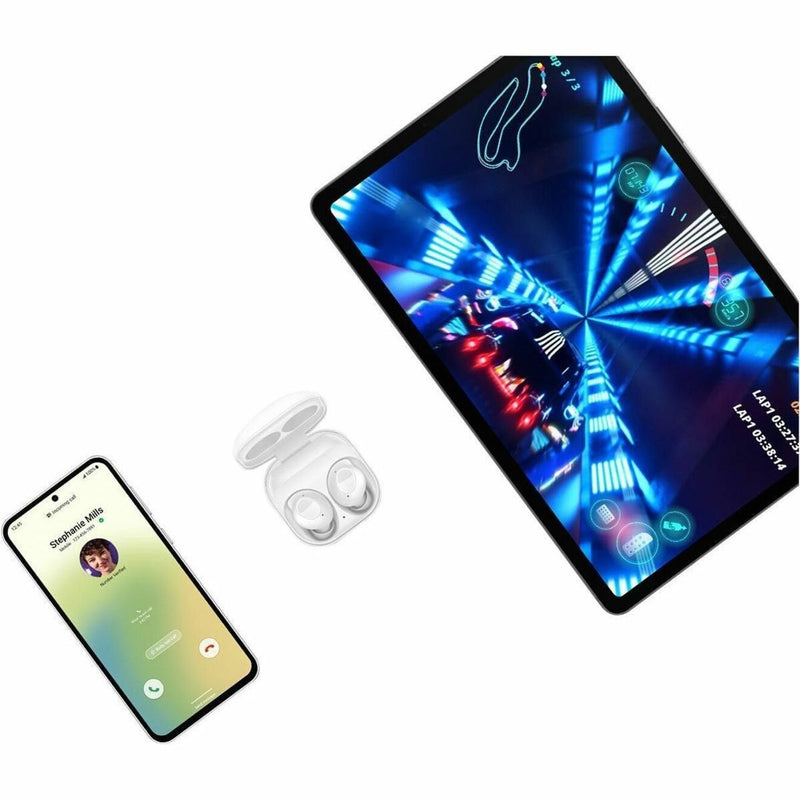 Galaxy Buds FE shown with smartphone and tablet displaying gaming interface