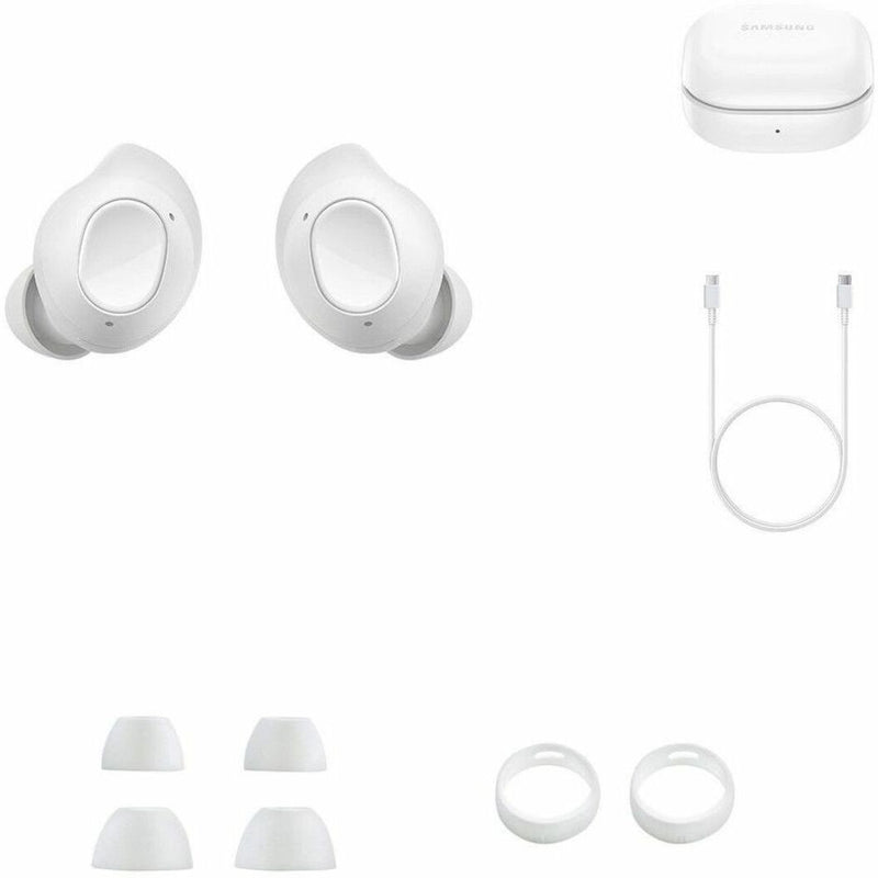 Complete Galaxy Buds FE package showing earbuds, charging case, multiple eartips, wingtips, and USB-C cable