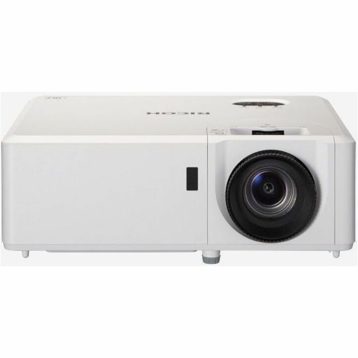 Direct front view of Ricoh PJ WXL5860 projector emphasizing lens quality and clean design-alternate-image2