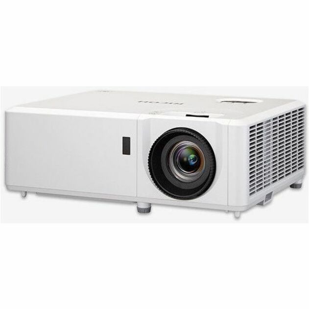 Front angled view of white Ricoh PJ WXL5860 DLP laser projector showing lens and ventilation system-alternate-image1