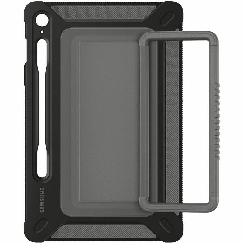 Front view of black Samsung Galaxy Tab S9 FE Outdoor Cover showing reinforced frame and S Pen storage slot