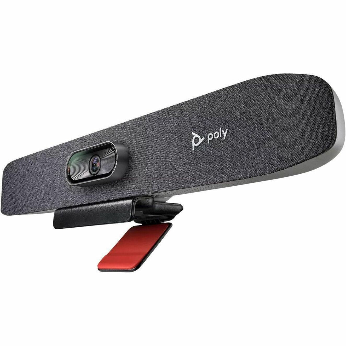 Poly Studio R30 video conferencing bar with integrated camera and speaker system, shown from a side angle with red mounting accent-alternate-image1