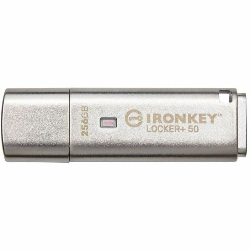 Kingston IronKey Locker+ 50 256GB encrypted USB drive with metallic silver finish and status LED indicator