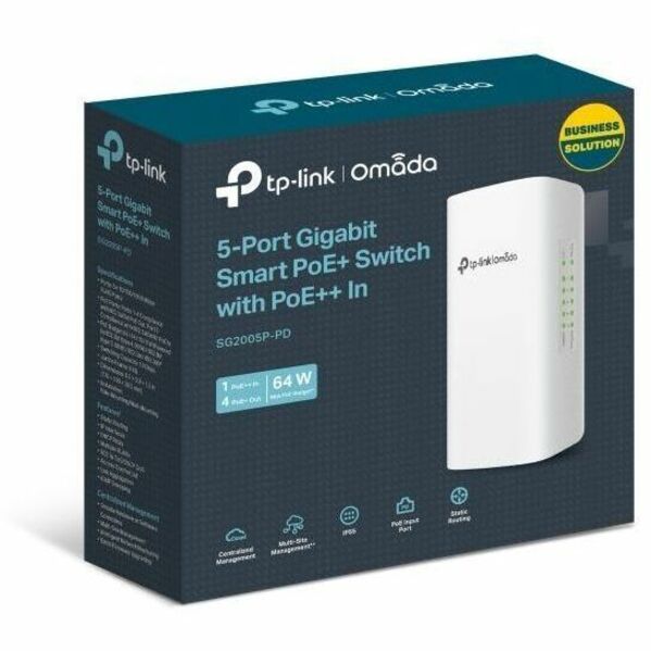 Product packaging showing TP-Link Omada switch features and specifications