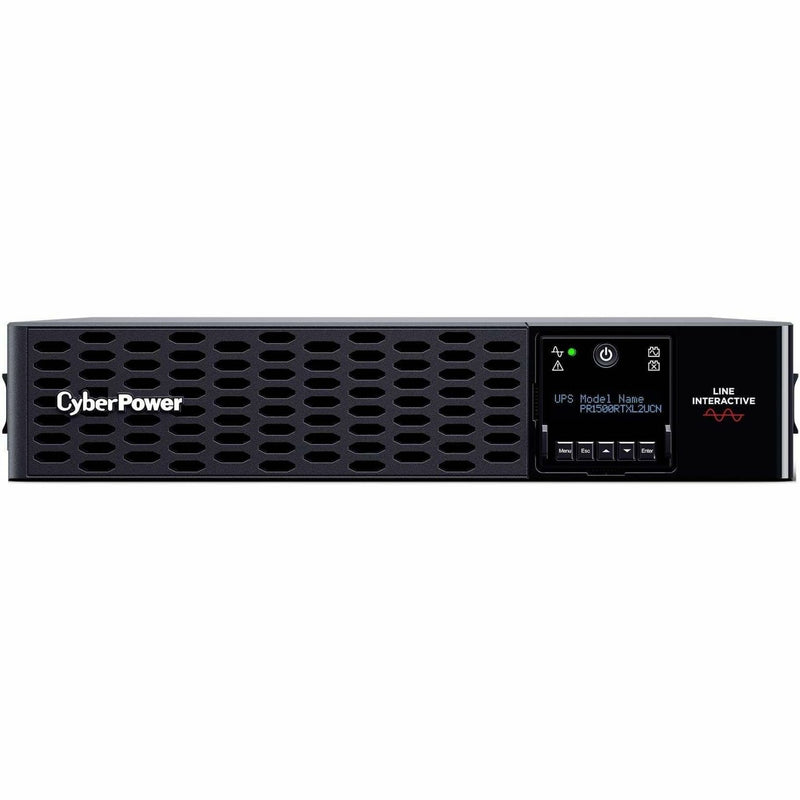 Front view of CyberPower PR1500RTXL2UCN UPS with LCD display and ventilation grille