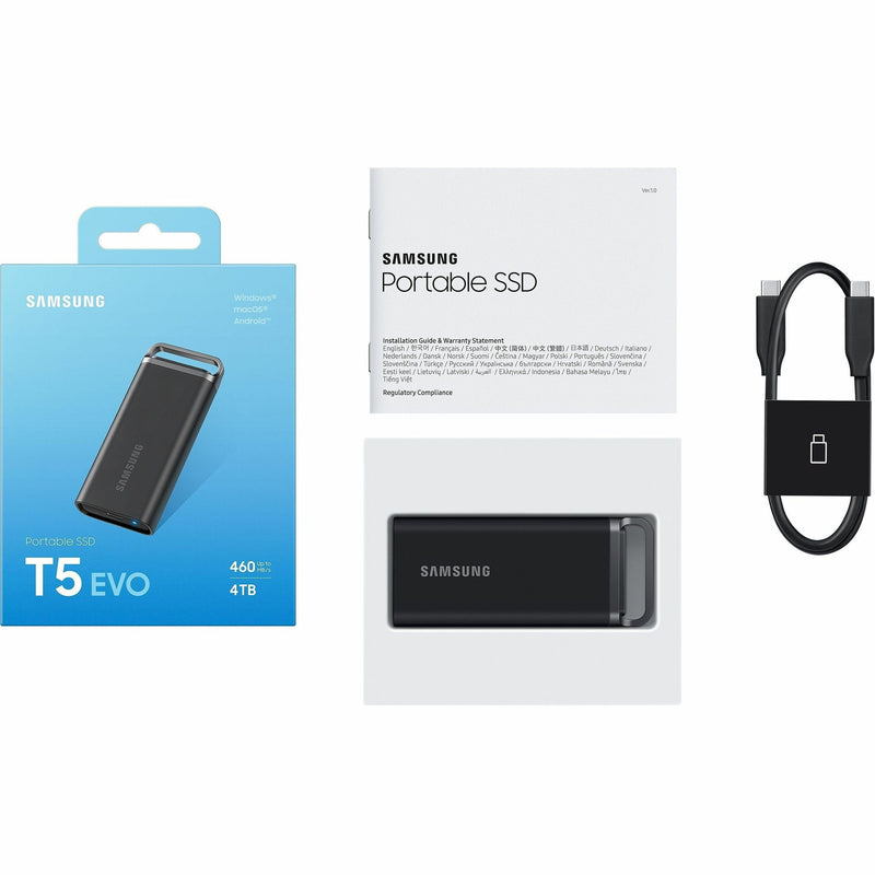 Samsung T5 EVO package contents including drive, cable, and documentation