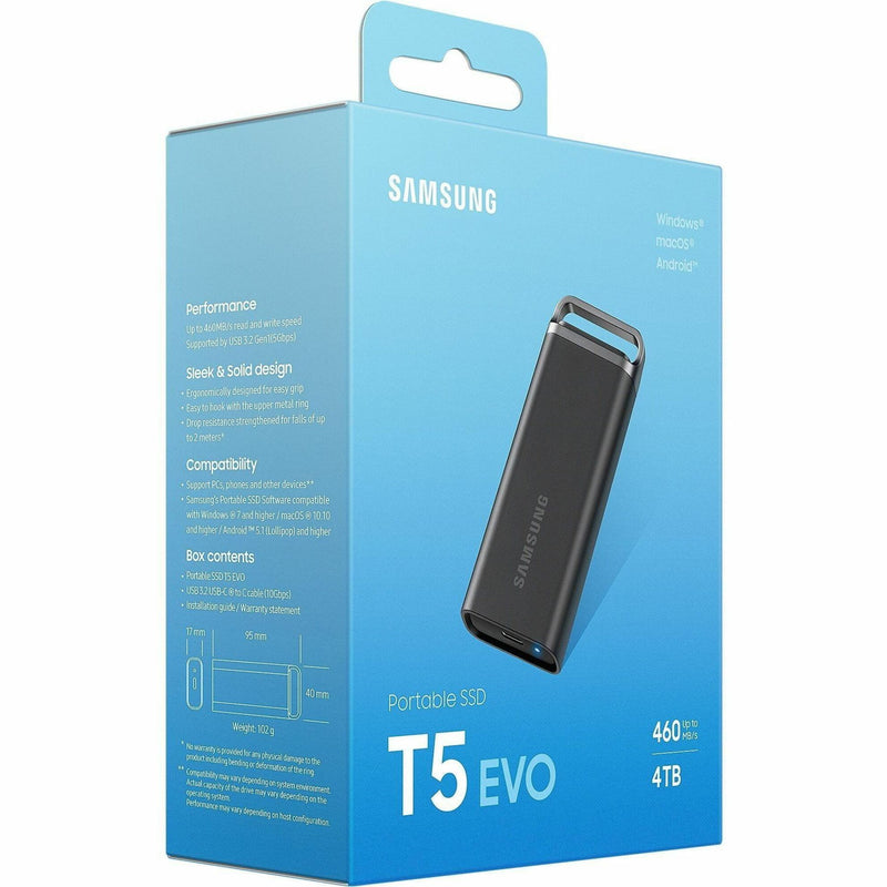 Back view of Samsung T5 EVO retail packaging showing specifications