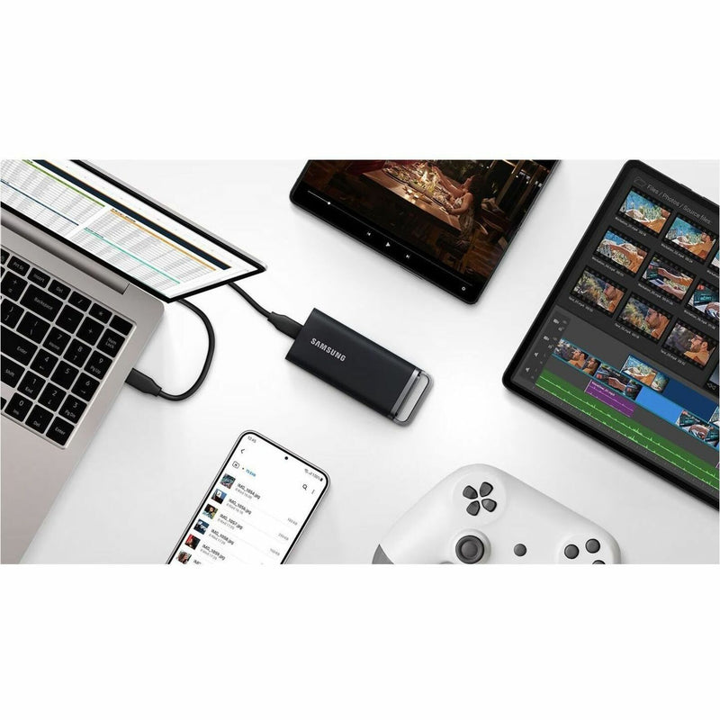 Samsung T5 EVO connected to multiple devices including laptop, smartphone, and gaming controller