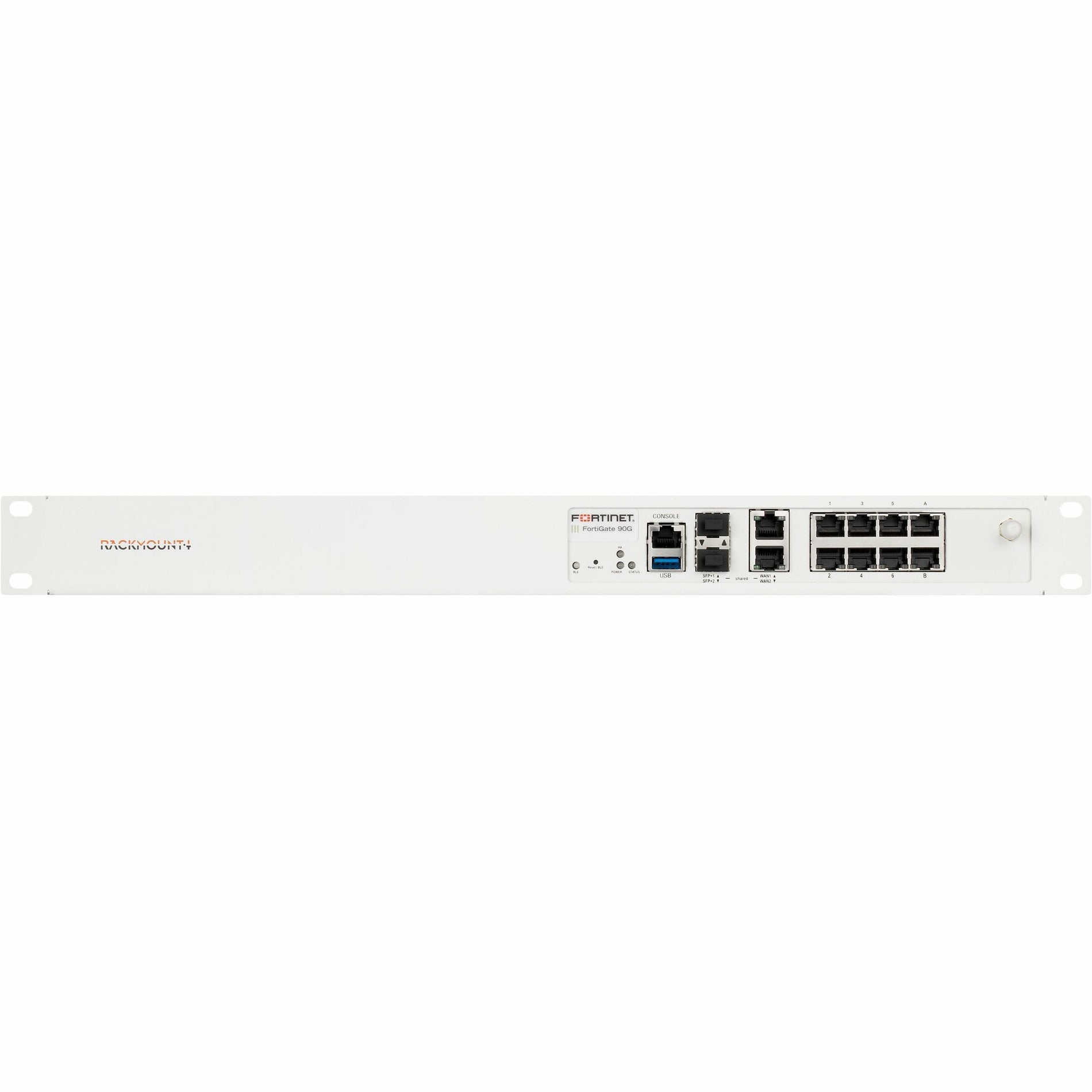 Front view of RACKMOUNT.IT 1U white rackmount kit showing FortiGate device with front-access ports and connections-alternate-image1