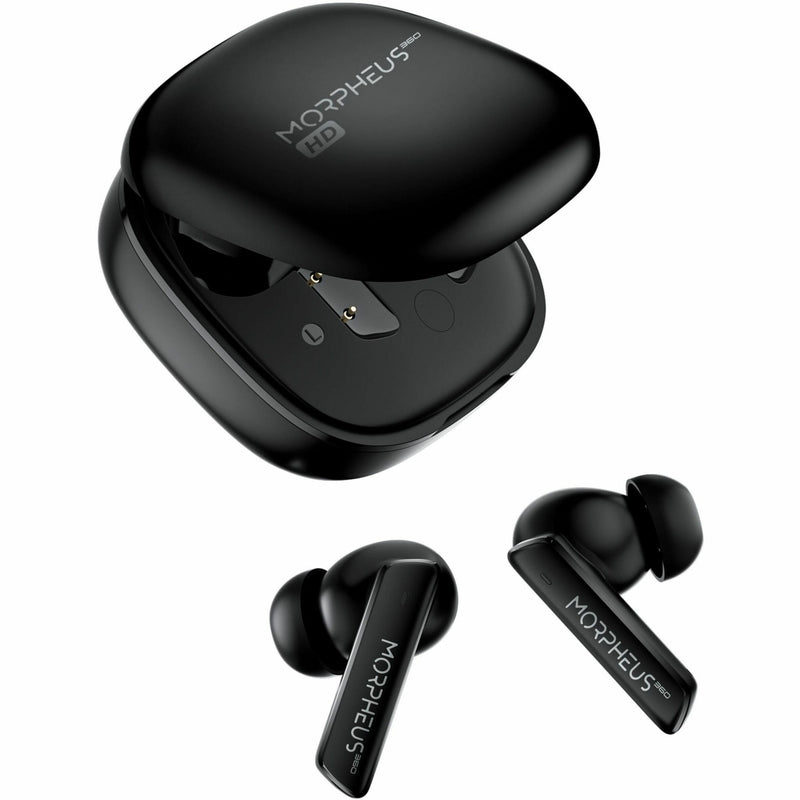 Morpheus 360 TW7850HD black wireless earbuds with charging case shown from angled view, displaying sleek design and premium finish