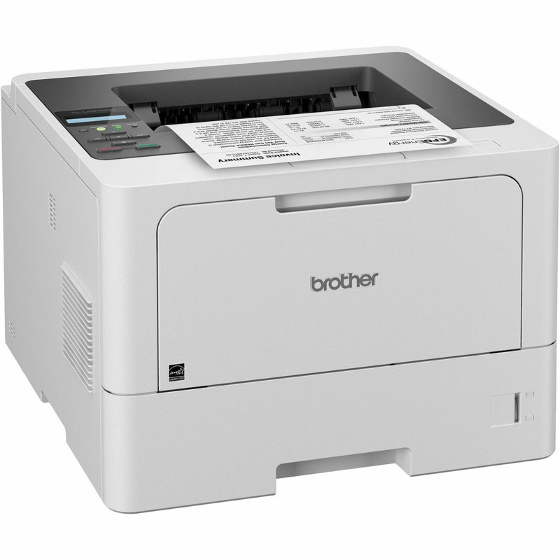 Angled view of Brother HLL5210DN printer with paper in output tray