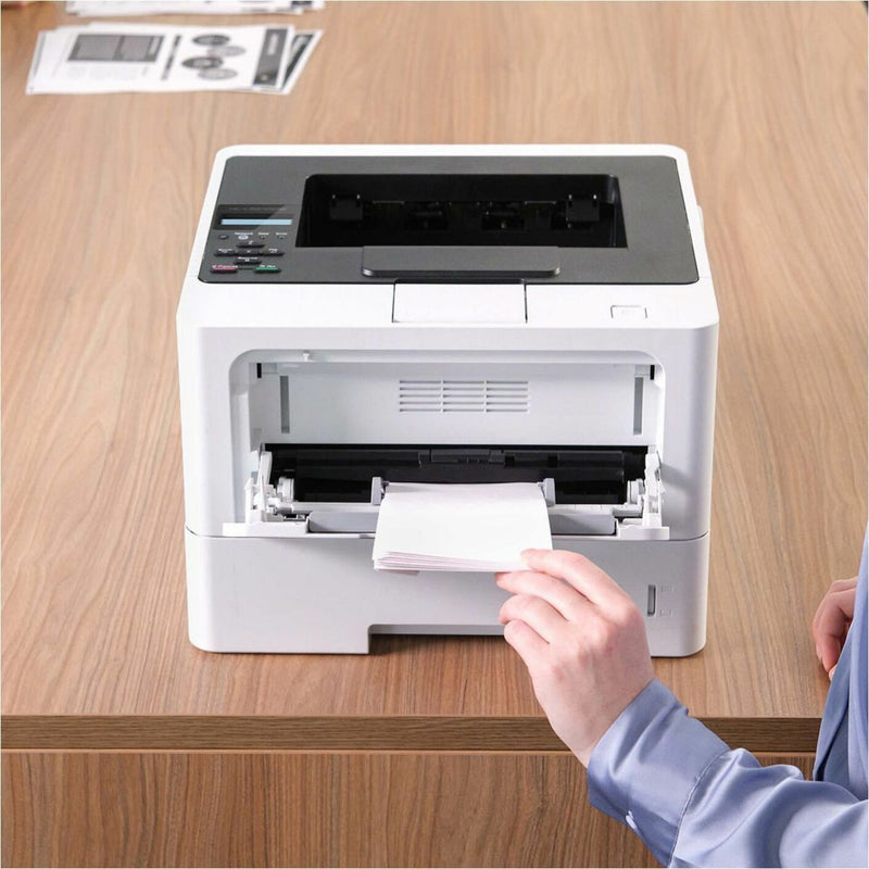 Front view of Brother printer with paper handling demonstration