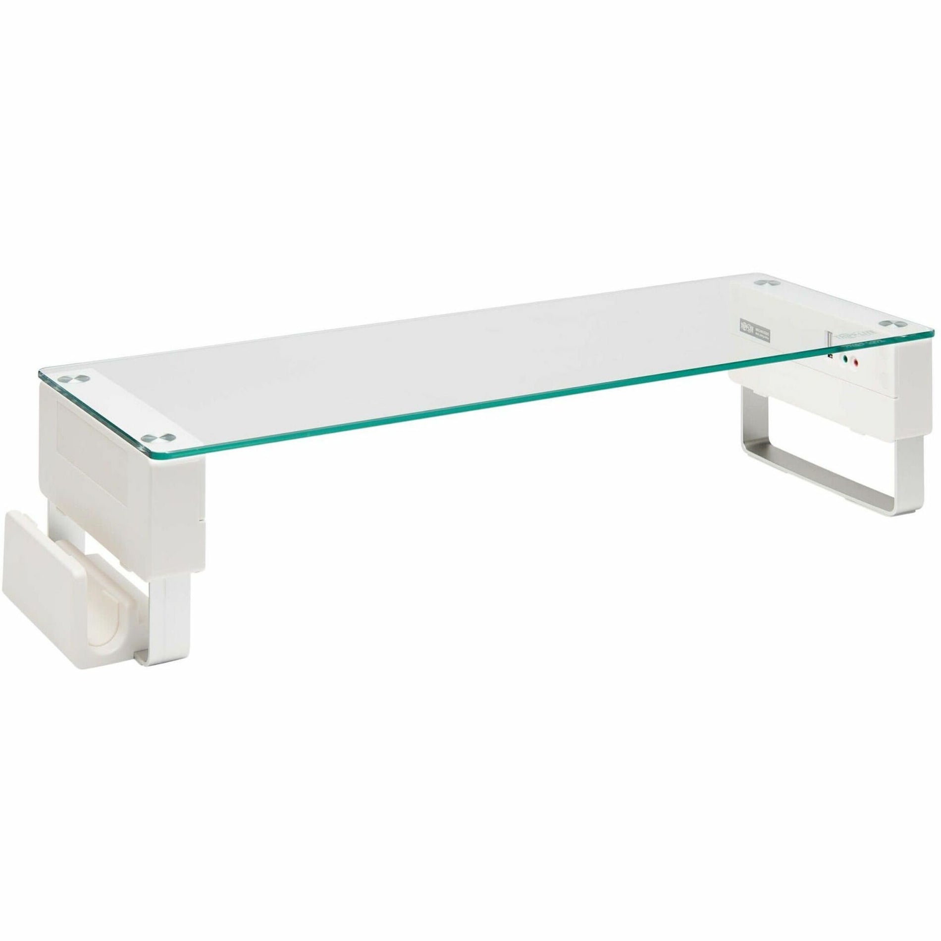 White monitor riser with tempered glass top surface and aluminum frame showing side profile view-alternate-image1