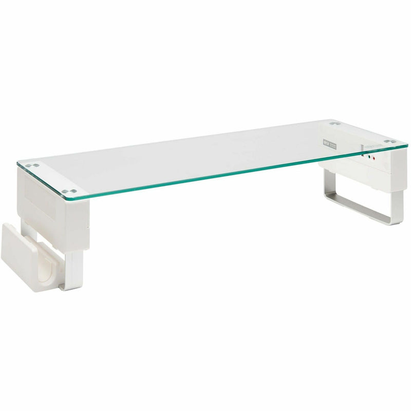 White monitor riser with tempered glass top surface and aluminum frame showing side profile view