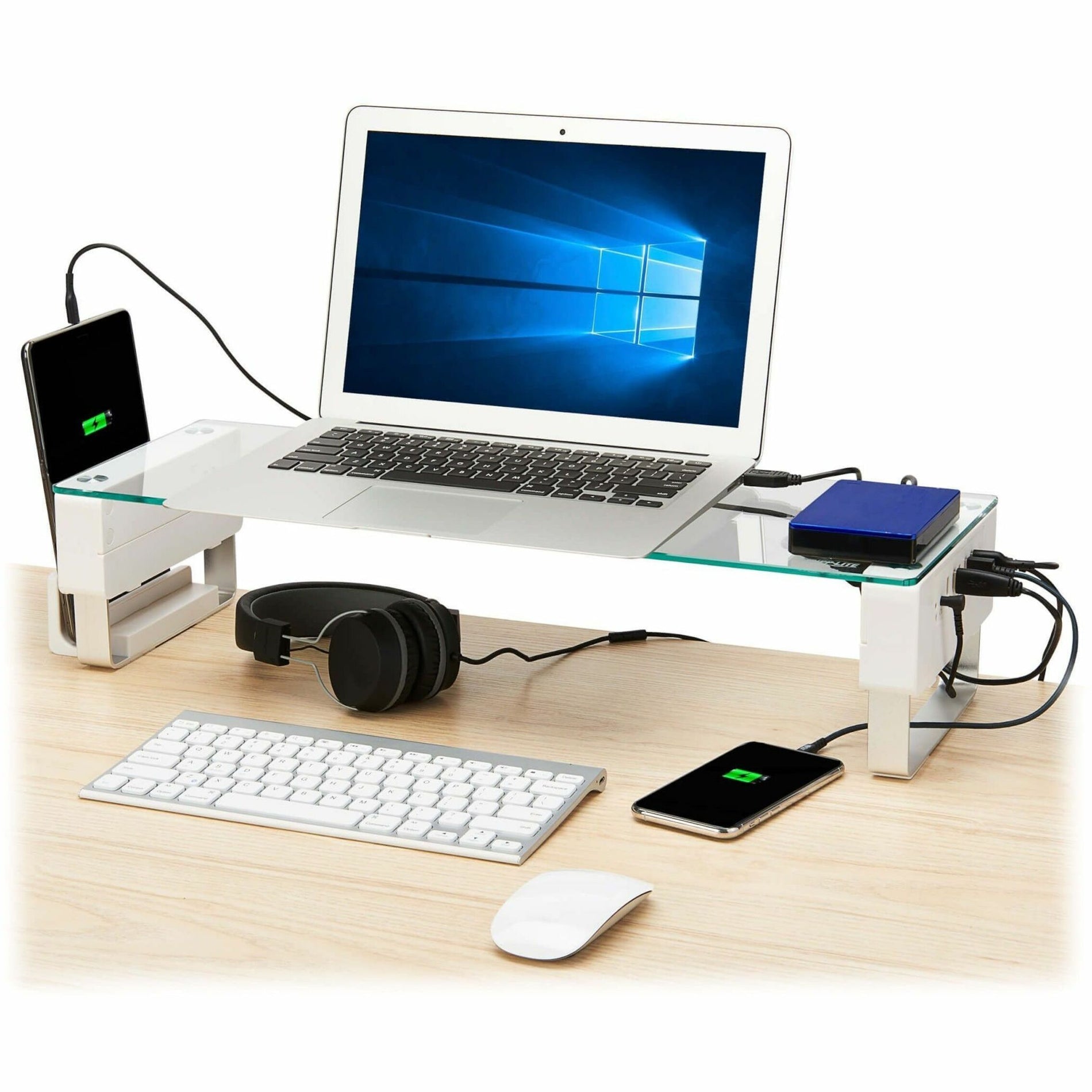 Monitor riser in use with laptop, keyboard, mouse, and connected devices in workspace setting-alternate-image10