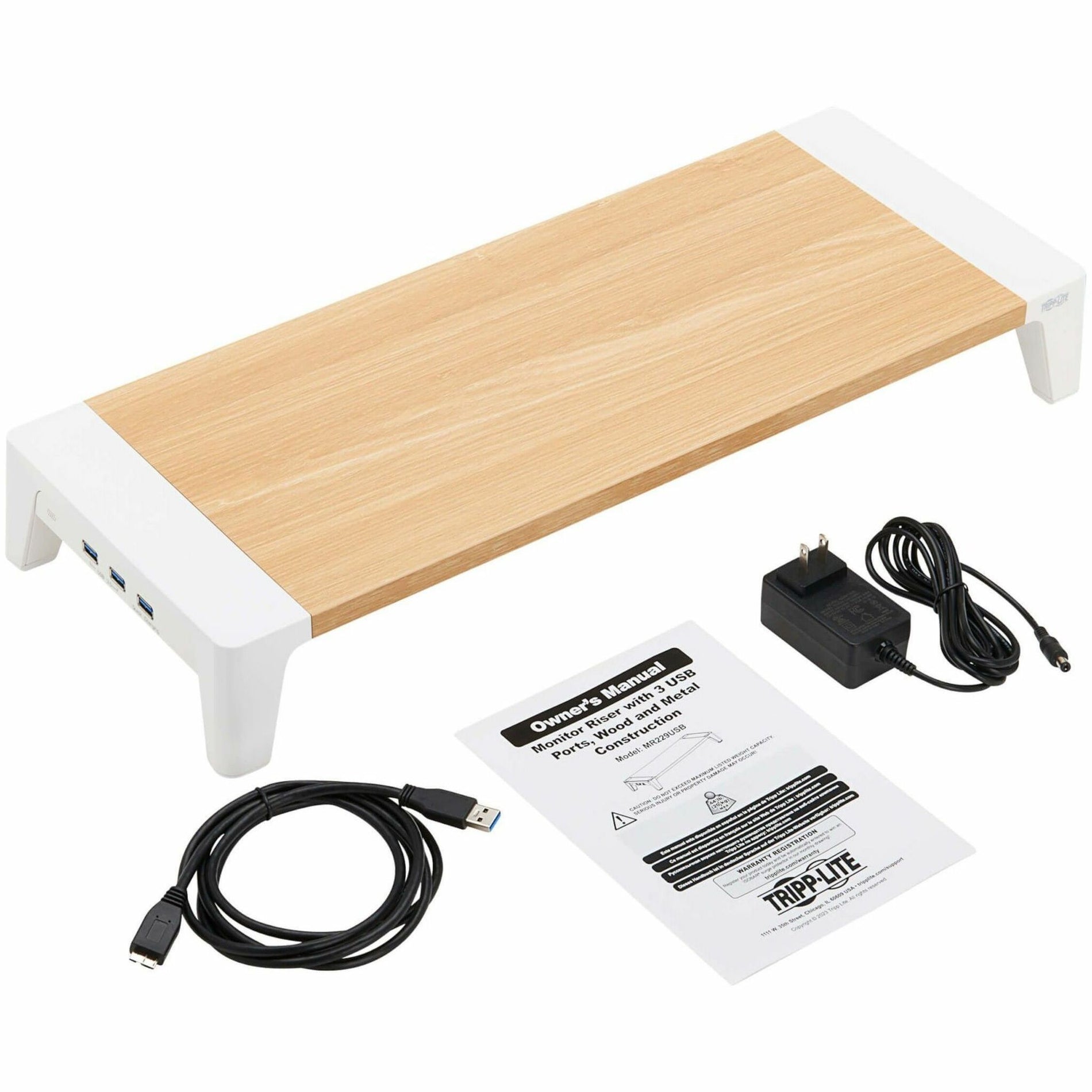 Tripp Lite MR229USB Monitor Riser for Desk - Houten Bovenkant USB-A Oplaad- en Gegevenspoorten.