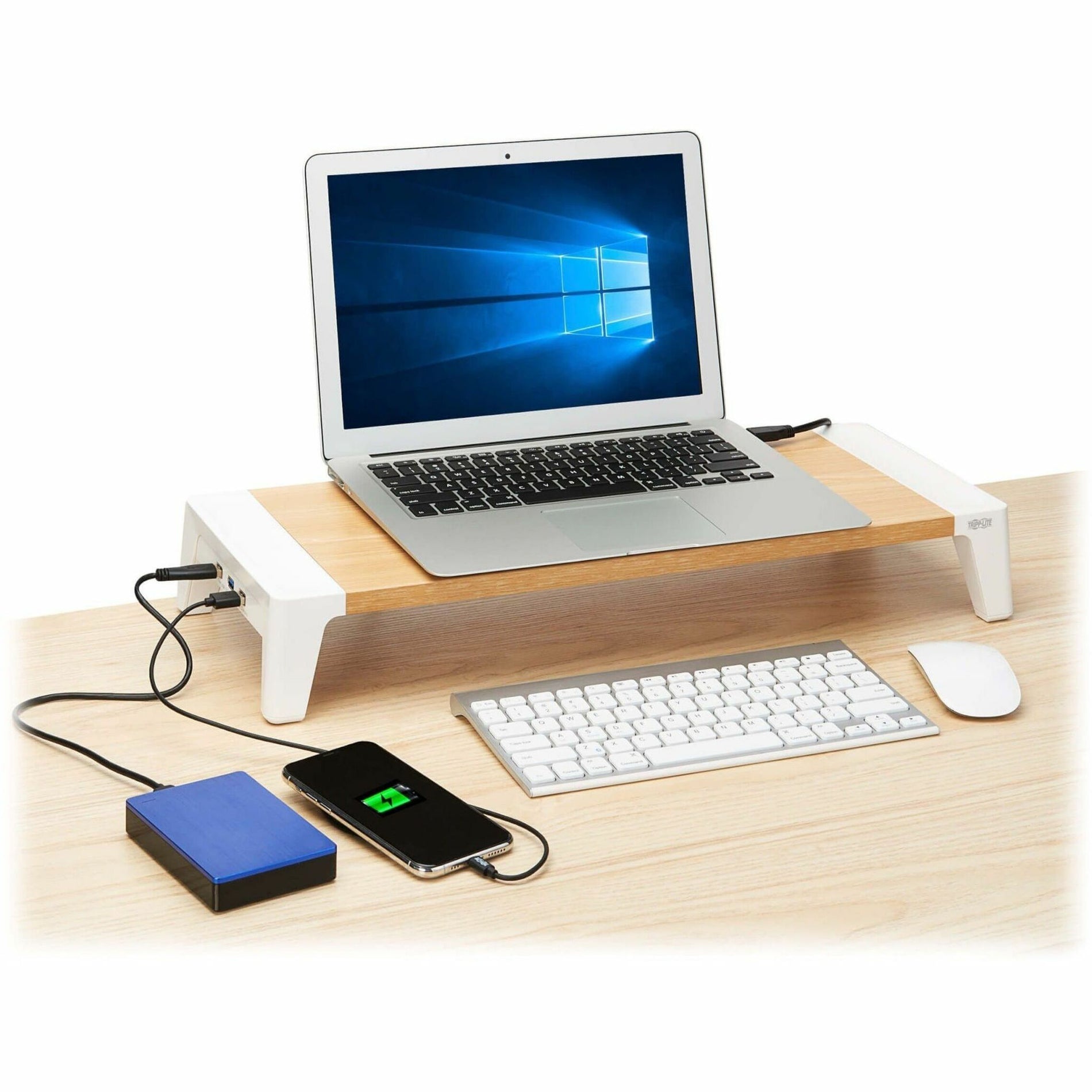 Monitor riser in use with laptop, keyboard, mouse, and connected devices-alternate-image7