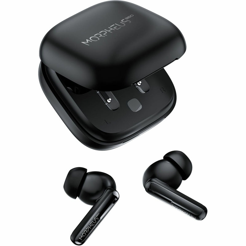 Morpheus 360 NEMESIS wireless earbuds in black with charging case showing sleek design and ergonomic earbuds