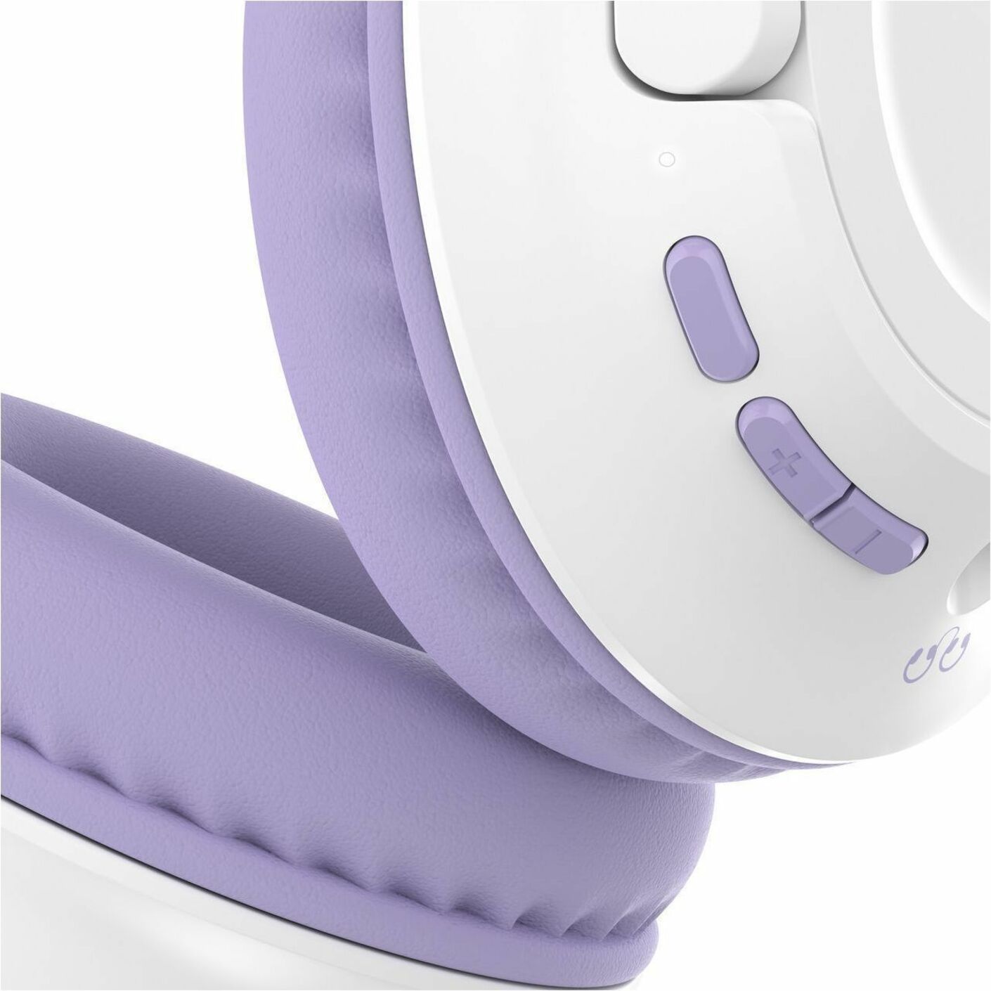 Detailed view of Belkin SoundForm Inspire headphones' control buttons and ear cushion texture-alternate-image5